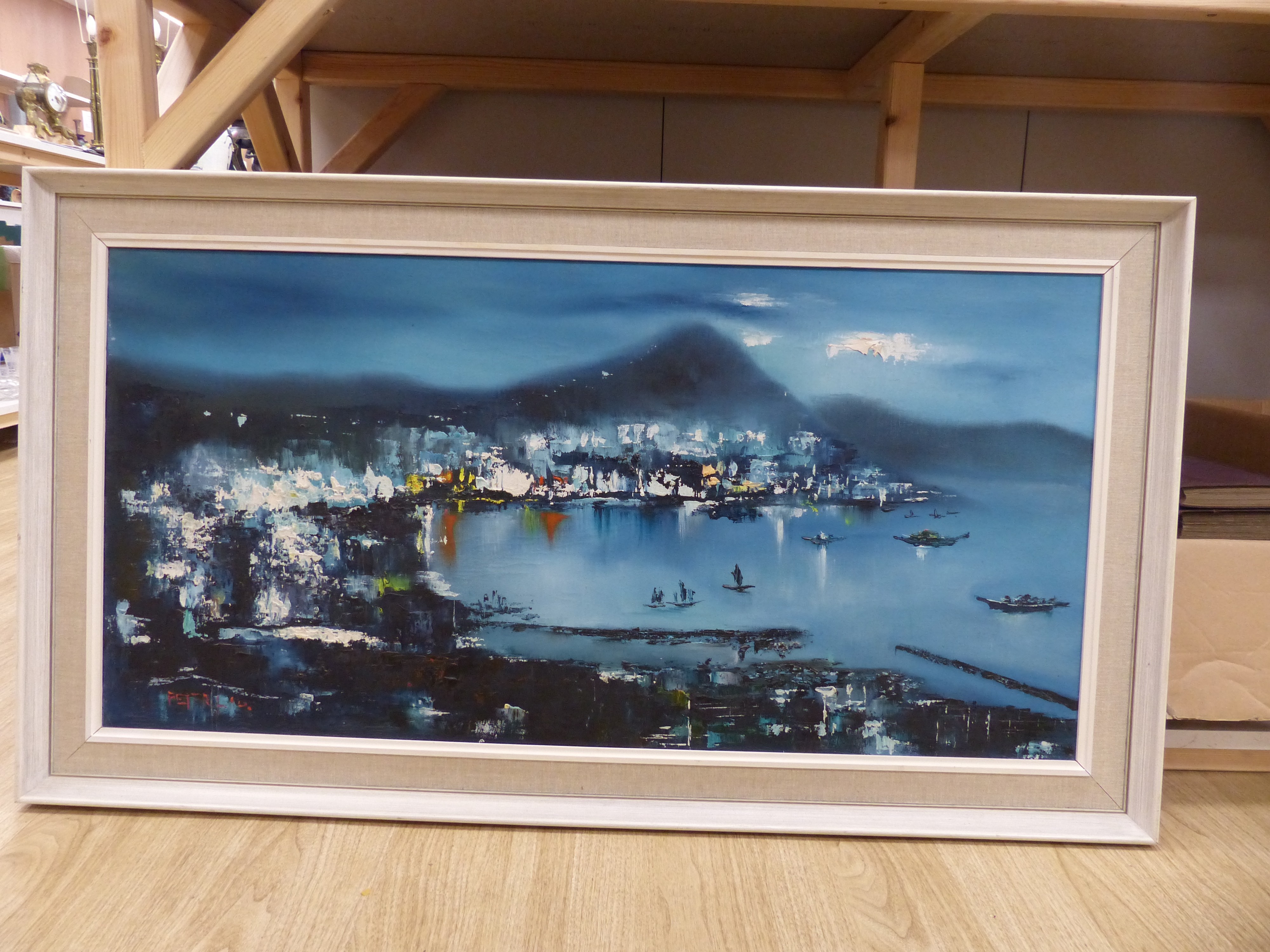 Chinese School, acrylic on canvas, Hong Kong Harbour, 100 x 49cm